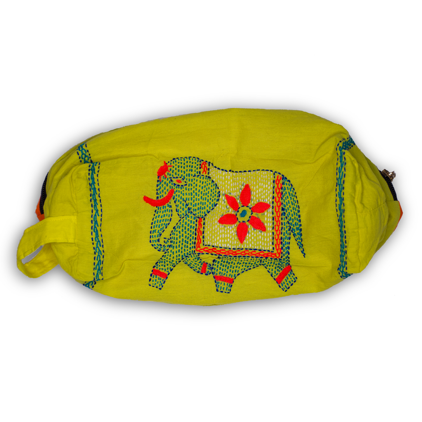 Yellow pouch bag with elephant design stitched on the side including orange and blue thread in design